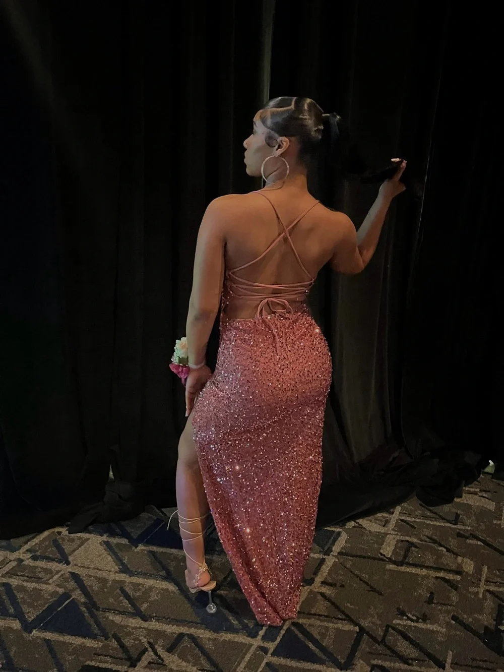 Fashion Nova Rose Pink Sequin Halter Slit Gown - Picture 2 of 3